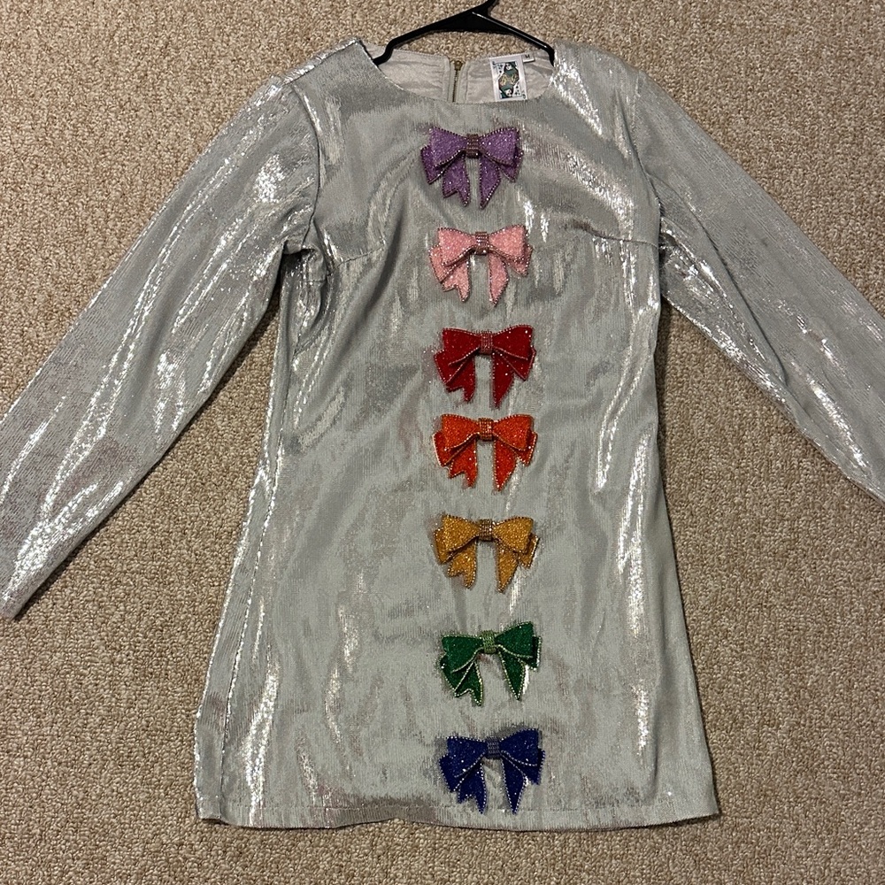 Silver Sequin Dress with Colorful Bows Queen of Sparkles